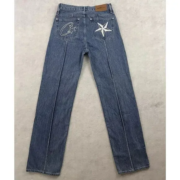 Corteiz Rules The World Alcatraz Jeans Mens L Blue Embroidered C Star Button Fly